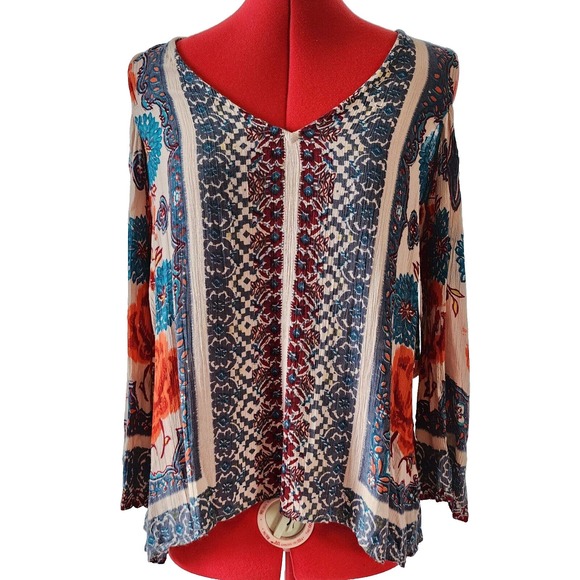 Blue Rair Tops - BLUE RAIR Bohemian Blue‎ Orange Lightweight Shoulder Cut out Blouse Size S